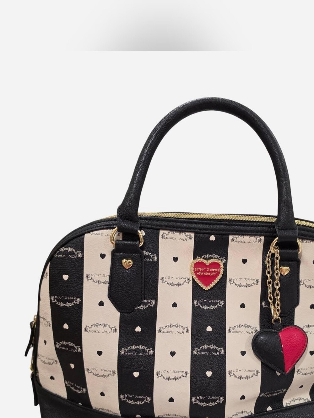 Betsey Johnson Black & Cream Striped Satchel with Heart Charm